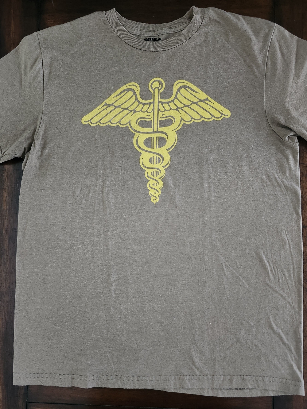 Men's Gray/Khacki T-Shirt with Yellow Caduceus Graphic Medium